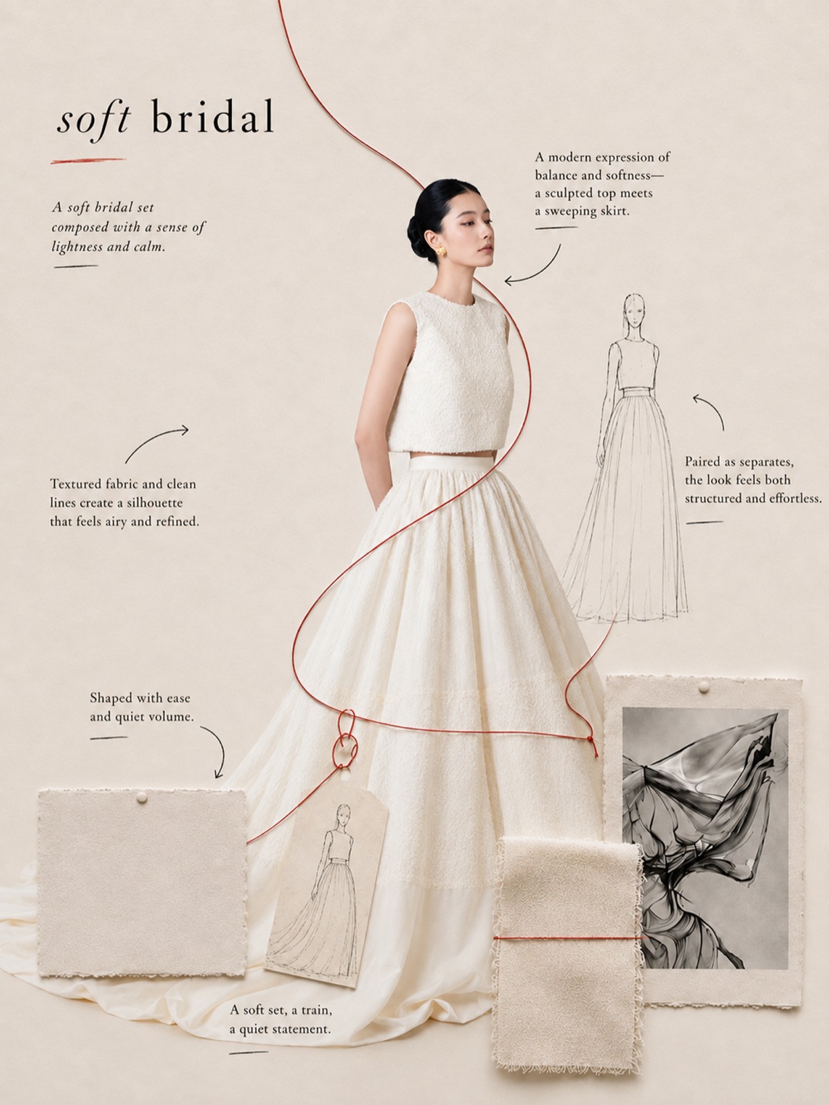 Soft bridal design study: textured fabric and clean lines, annotated