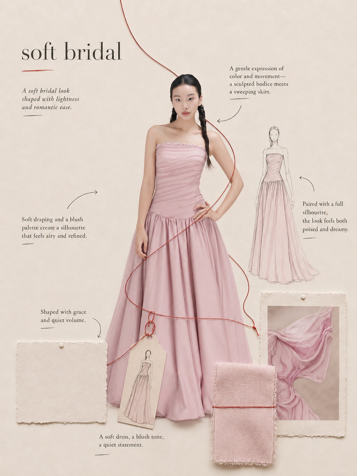 Soft bridal design study: a dropped-waist silhouette, annotated