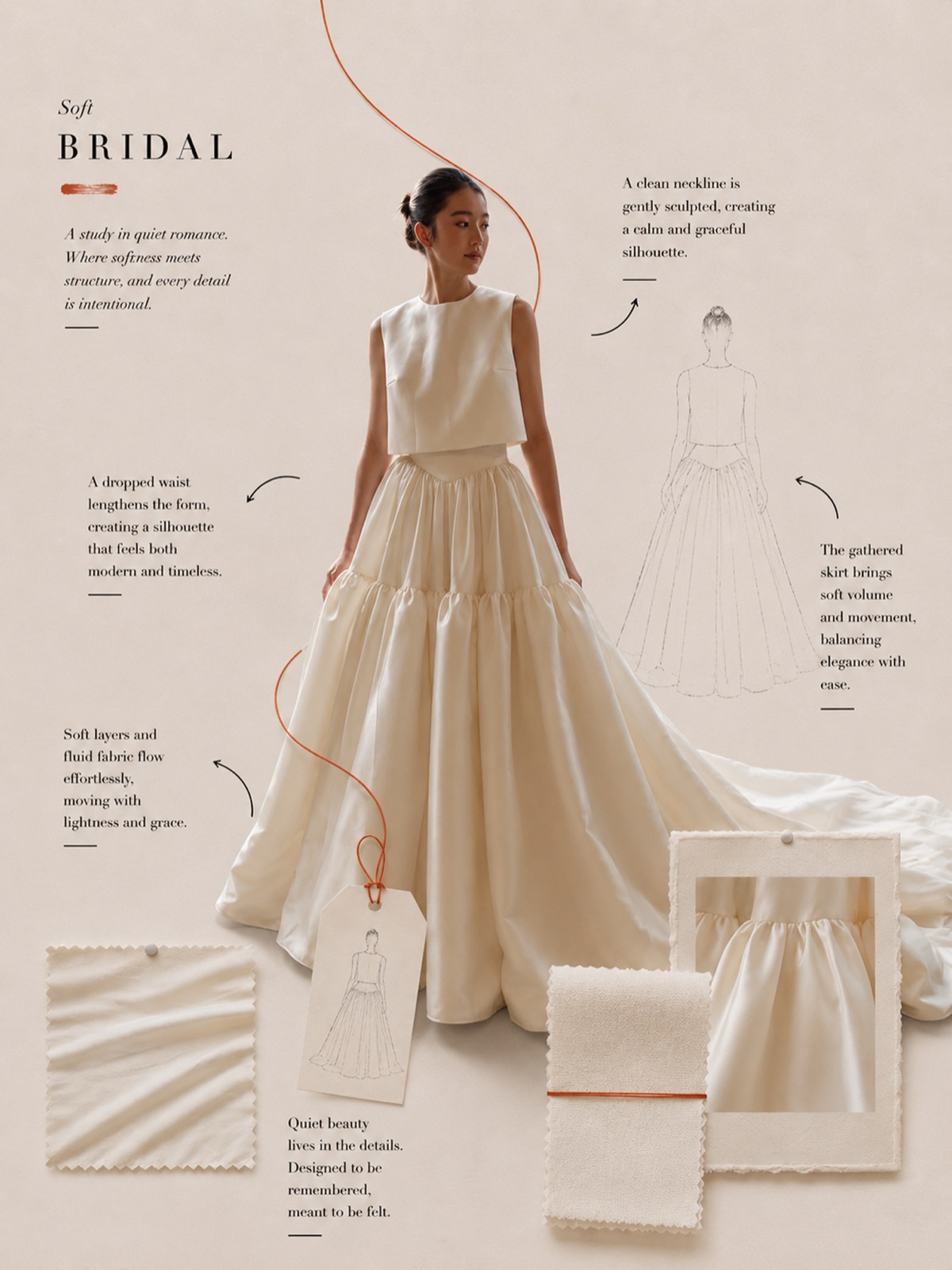 Soft bridal design study: sculpted bodice and gathered skirt, annotated