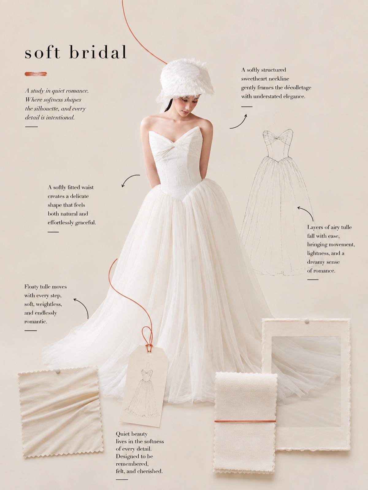 Soft bridal design study: fabric and finishing details, annotated