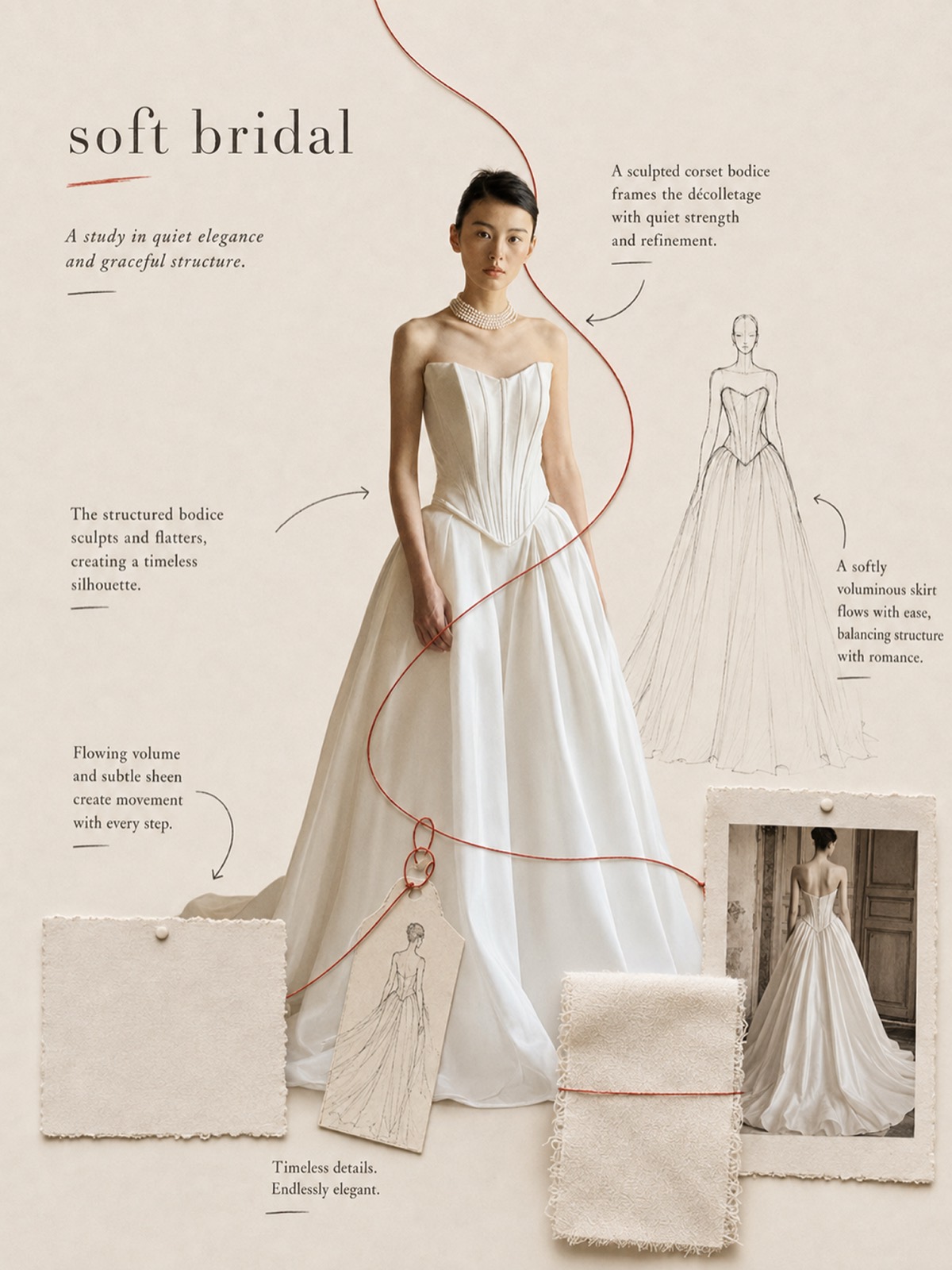 Soft bridal design study: structured bodice and full skirt, annotated