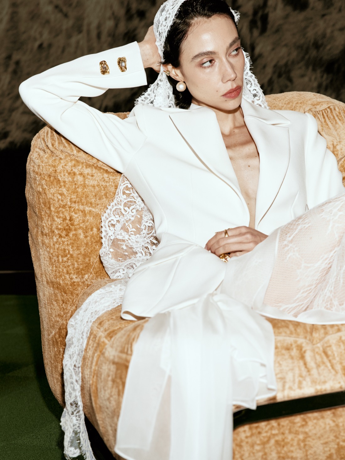 Lichée Bridal SS26 — white bridal suit, seated editorial